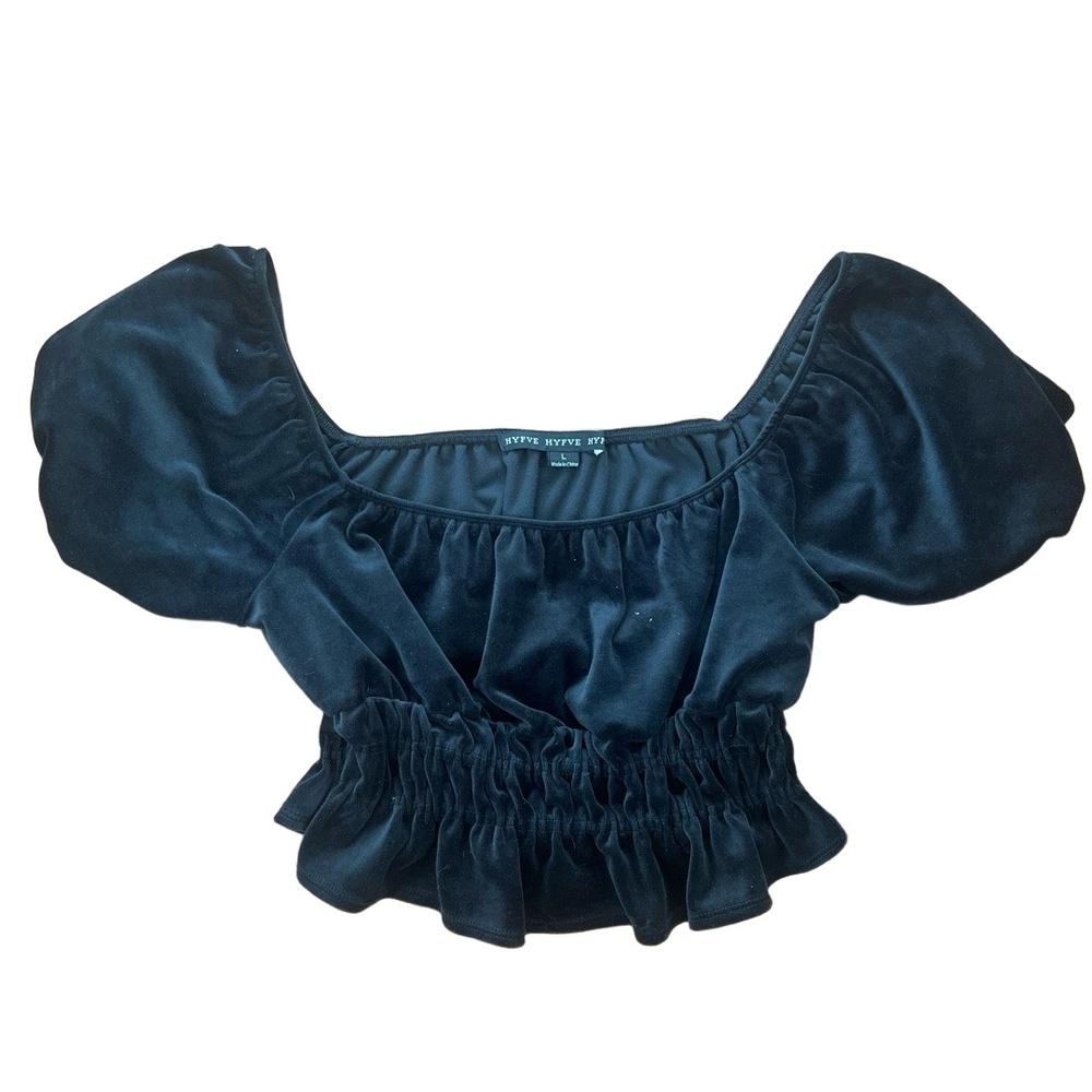 HYFVE Crop Top Large Black Velvet Milkmaid Puff Sleeve Whimsygoth Witchy Fairy